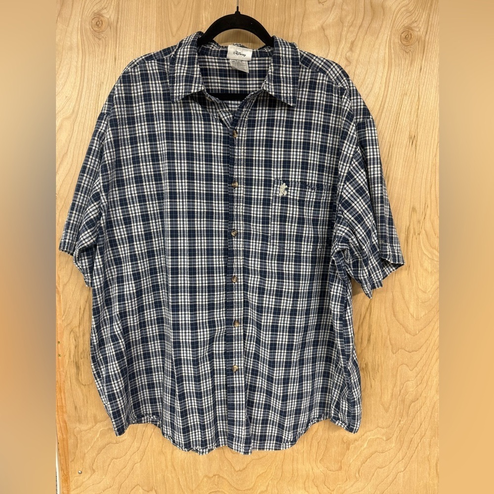 VTG Mens Disney Button Up Shirt Mens XLShort Sleeve Blue Plaid Walt Disney World